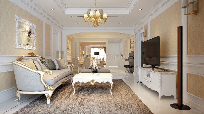 . Nội thất phòng khách chung cư được thiết kế theo phong cách tân cổ điển với sự tinh tế trong mỗi chi tiết trang trí được tối giản, tạo nên sự sang trọng và tinh tế nhưng vẫn nổi bật.